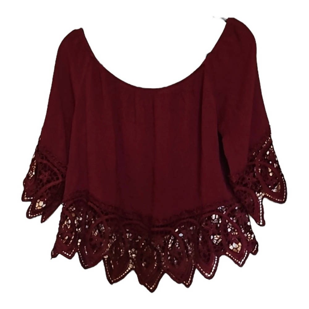 Burgundy Lace Trimmed Off the Shoulder Bell Sleeve U2B Blouse Top Size Large